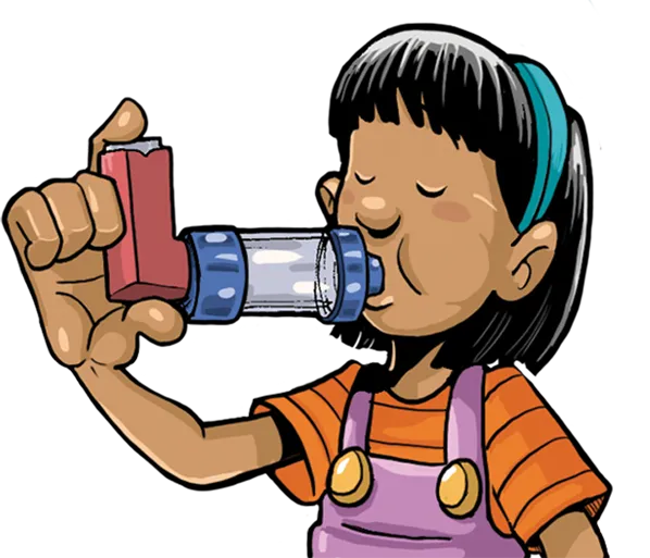 Girl using inhaler with spacer